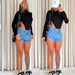 Mulher com look casual e moderno.