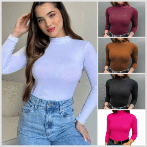 Mulher em blusa vinho de manga longa elegante.